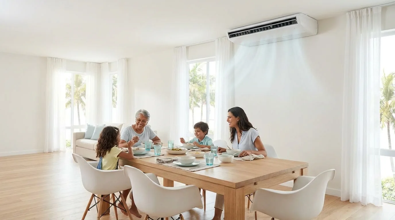 Ar-condicionado piso-teto: ar-condicionado em uso numa casa clara