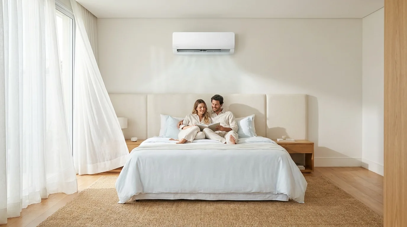 Ar-condicionado split hi-wall: ar-condicionado em uso numa casa clara